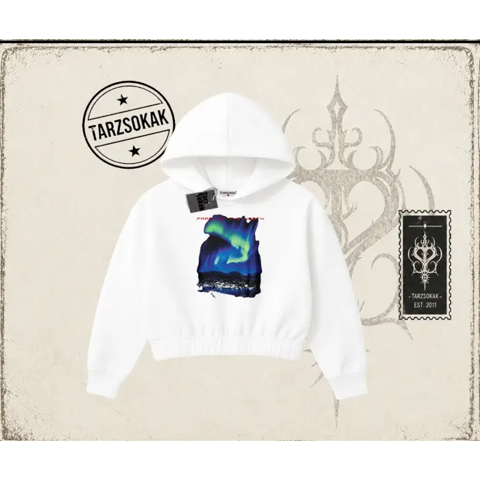 Unisex Paris Kadın Crop Kapşonlu Sweatshirt Beyaz