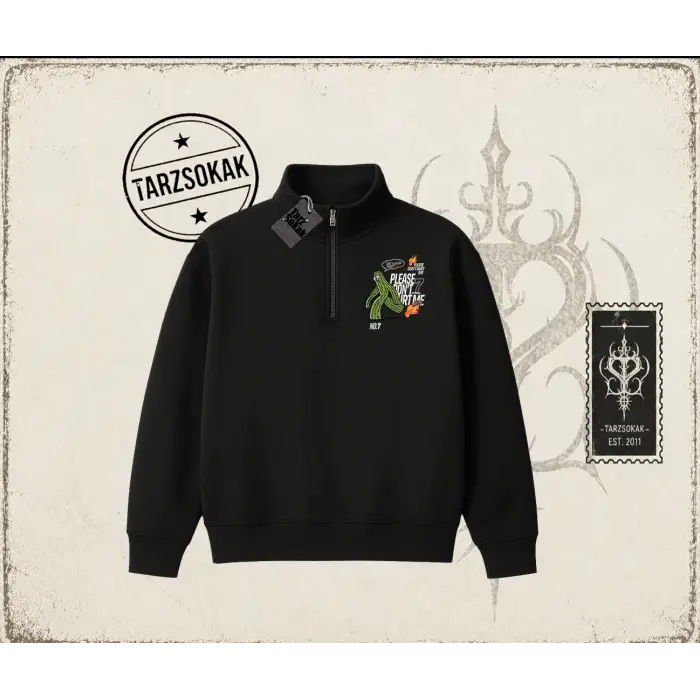 Unisex Please Dont Hurt Me Unisex Polo Yaka Yarım Fermuarlı Sweatshirt Beyaz