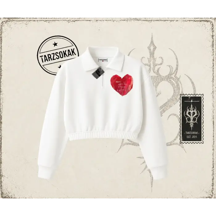 Unisex Please Write Me a Love Letter Kadın Crop Polo Yaka Yarım Fermuarlı Sweatshirt Beyaz