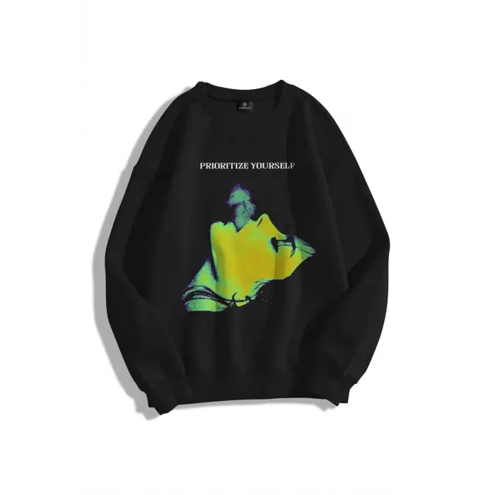Unisex Prioritize Yourself Bisiklet Yaka Sweatshirt Siyah