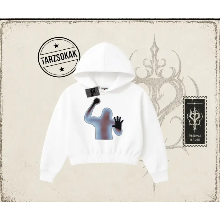 Unisex Psycho Kadın Crop Kapşonlu Sweatshirt Beyaz