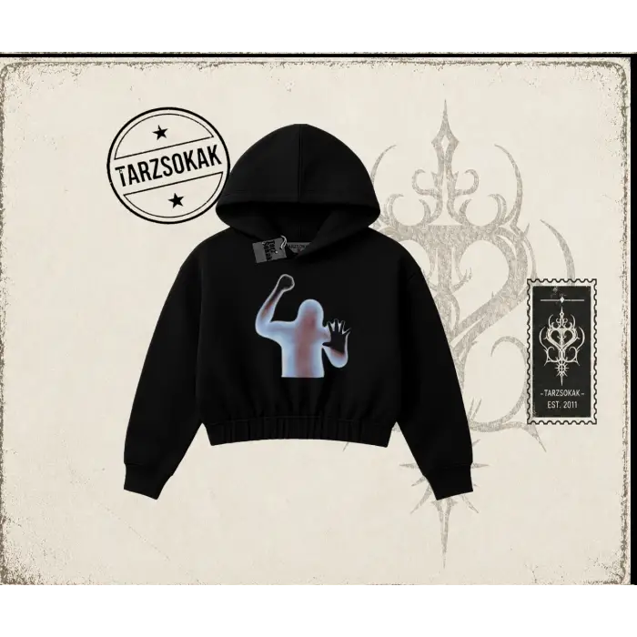 Unisex Psycho Kadın Crop Kapşonlu Sweatshirt Beyaz