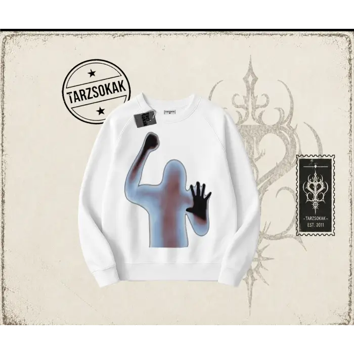 Unisex Psycho Oversize Unisex Bisiklet Yaka Sweatshirt Beyaz