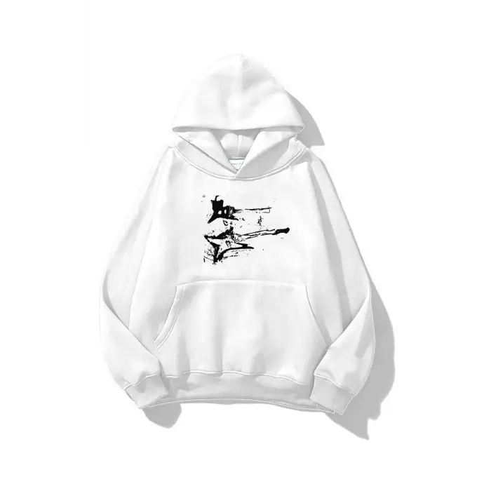 Unisex Punk Gitar Sweatshirt Beyaz