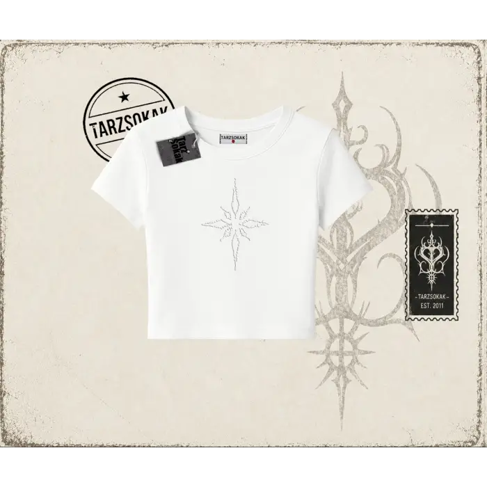 Unisex Pusula Kadın Baby Tee Beyaz