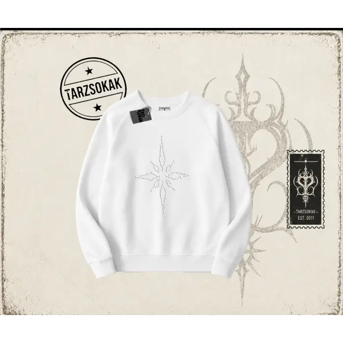 Unisex Pusula Oversize Unisex Bisiklet Yaka Sweatshirt Beyaz