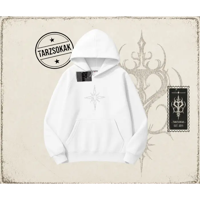 Unisex Pusula Oversize Unisex Kapşonlu Sweatshirt Beyaz