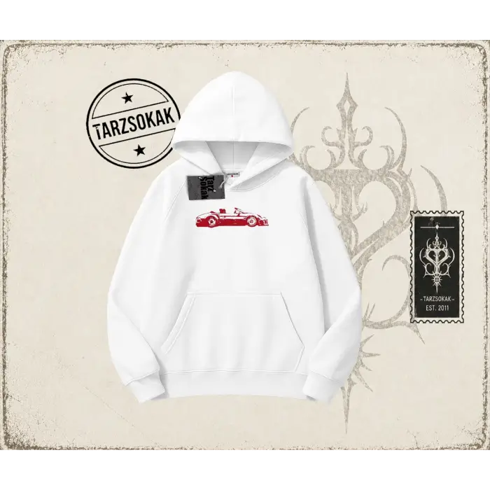 Unisex Red Cabrio Oversize Unisex Kapşonlu Sweatshirt Beyaz