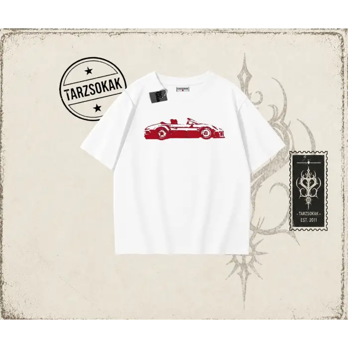 Unisex Red Cabrio Oversize Unisex Tişört Beyaz