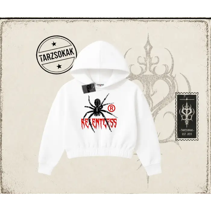 Unisex Relentless Kadın Crop Kapşonlu Sweatshirt Beyaz