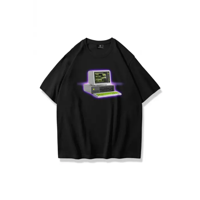 Unisex Retro Computer Tshirt Siyah