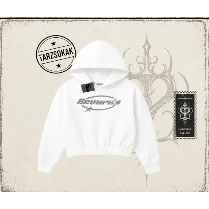 Unisex Reverse Kadın Crop Kapşonlu Sweatshirt Beyaz
