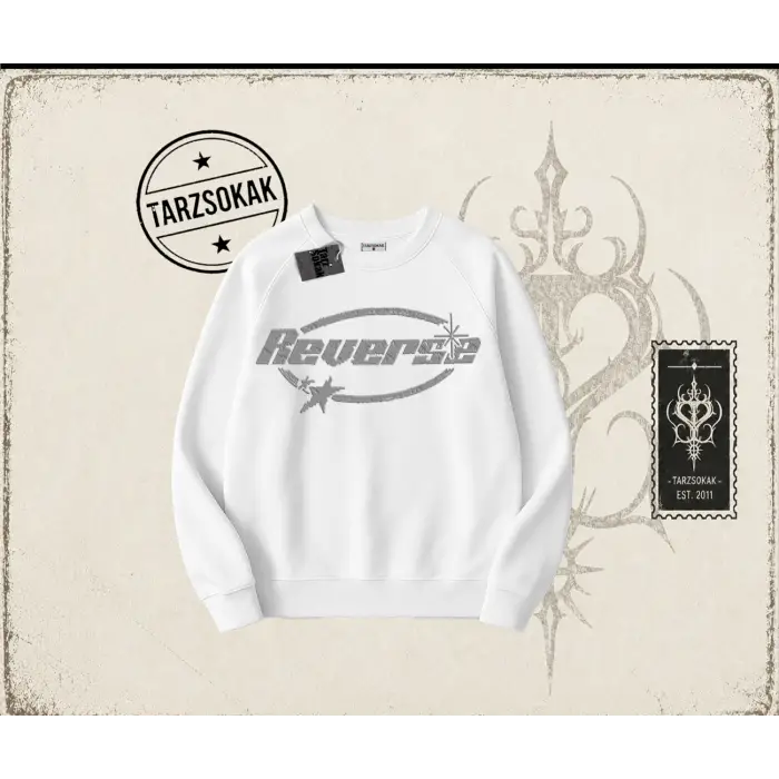 Unisex Reverse Oversize Unisex Bisiklet Yaka Sweatshirt Beyaz