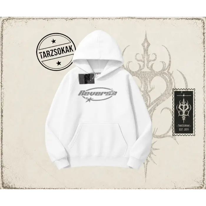Unisex Reverse Oversize Unisex Kapşonlu Sweatshirt Beyaz