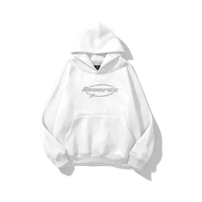 Unisex Reverse Taş Baskılı Sweatshirt Beyaz