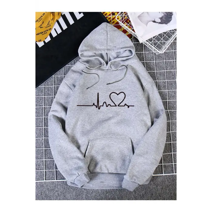Unisex Ritim Baskılı Kapüşonlu Sweatshirt Gri