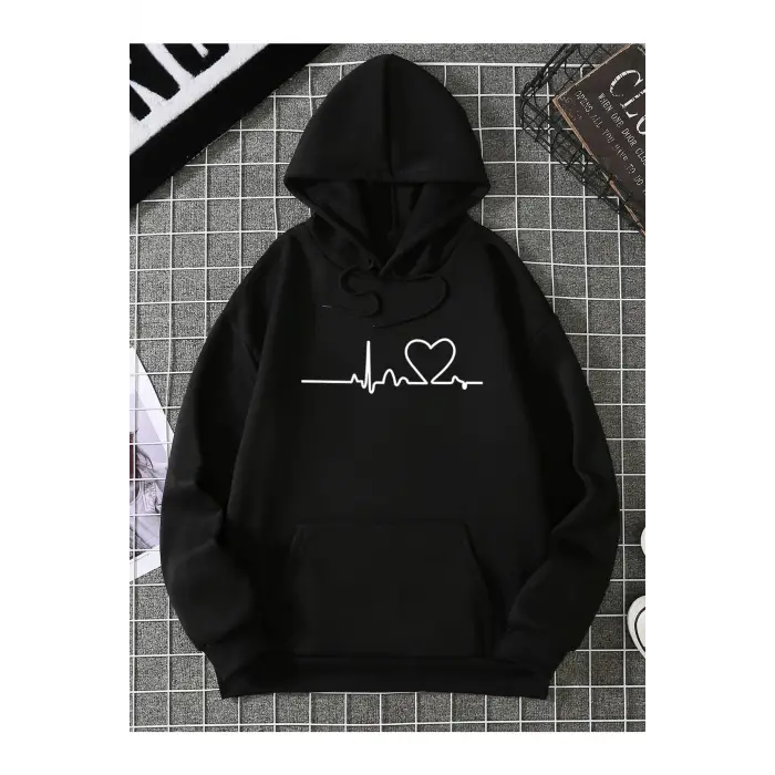 Unisex Ritim Baskılı Kapüşonlu Sweatshirt Siyah