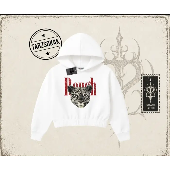 Unisex Rough Leopar Kadın Crop Kapşonlu Sweatshirt Beyaz