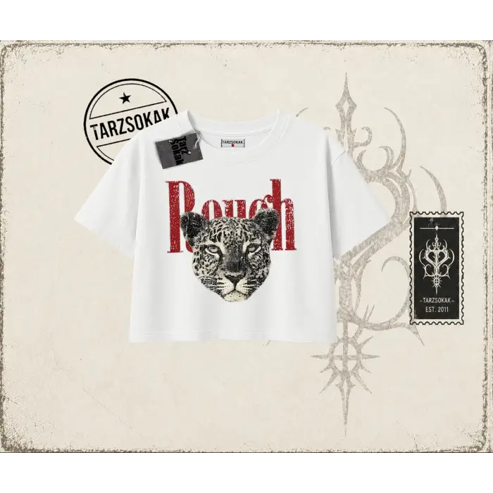 Unisex Rough Leopar Kadın Crop Tişört Beyaz
