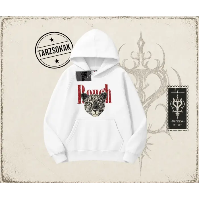 Unisex Rough Leopar Oversize Unisex Kapşonlu Sweatshirt Beyaz
