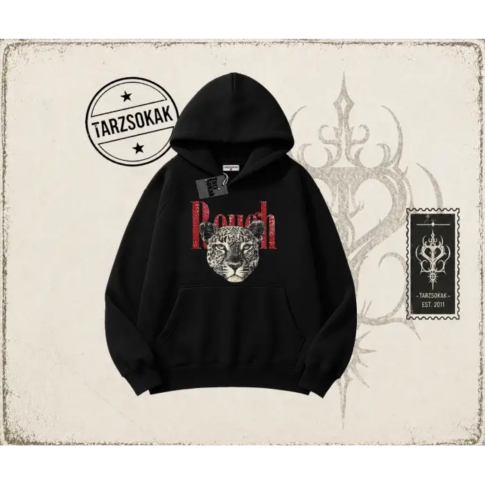 Unisex Rough Leopar Oversize Unisex Kapşonlu Sweatshirt Beyaz