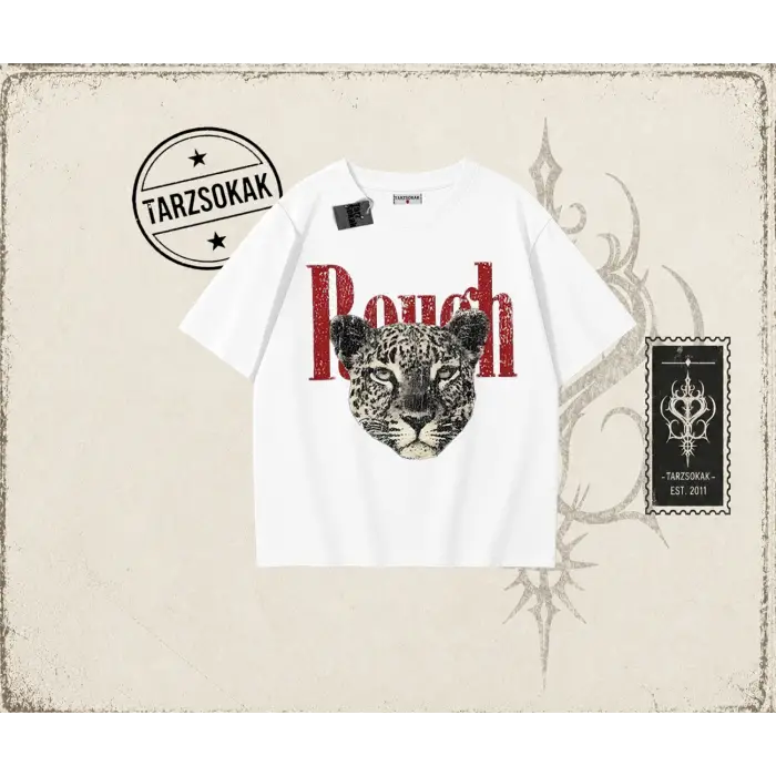 Unisex Rough Leopar Oversize Unisex Tişört Beyaz