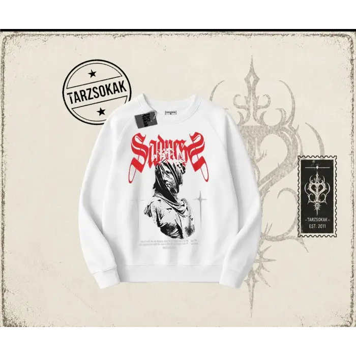 Unisex Sadness Oversize Unisex Bisiklet Yaka Sweatshirt Beyaz