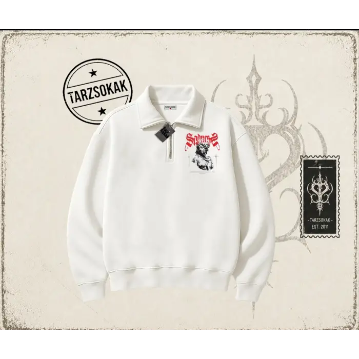 Unisex Sadness Unisex Polo Yaka Yarım Fermuarlı Sweatshirt Beyaz
