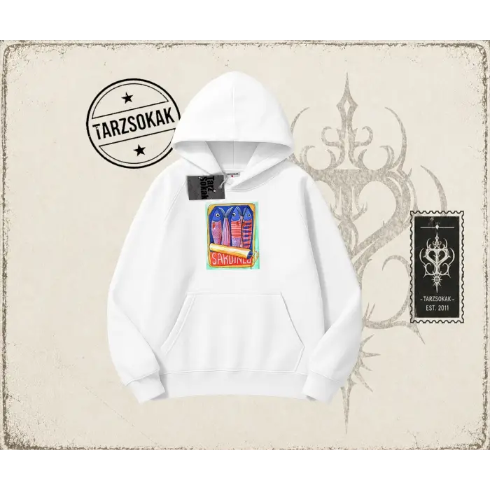 Unisex Sardines Tin Oversize Unisex Kapşonlu Sweatshirt Beyaz
