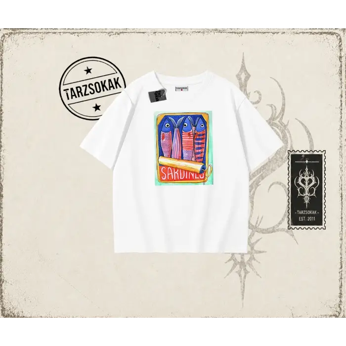 Unisex Sardines Tin Oversize Unisex Tişört Beyaz