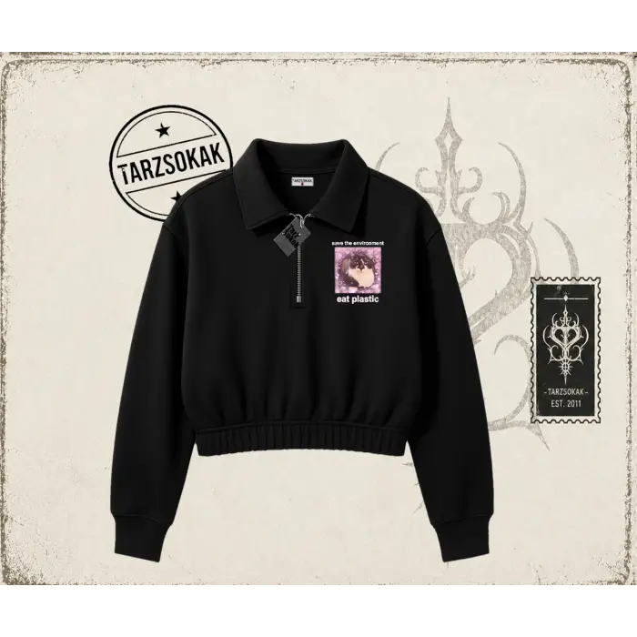 Unisex Save The Environment Kadın Crop Polo Yaka Yarım Fermuarlı Sweatshirt Beyaz