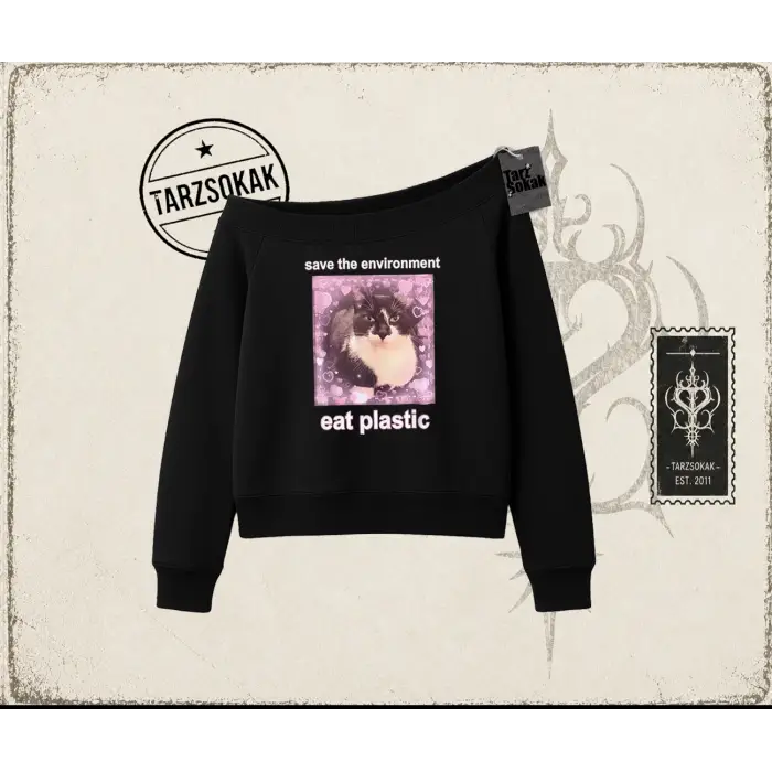 Unisex Save The Environment Kadın Kayık Yaka Sweatshirt Beyaz