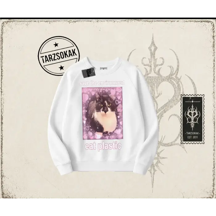 Unisex Save The Environment Oversize Unisex Bisiklet Yaka Sweatshirt Beyaz
