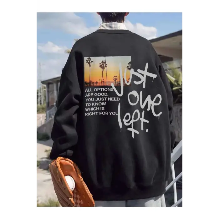 Unisex Scenery Baskılı Oversize Bisiklet Yaka Sweatshirt Siyah