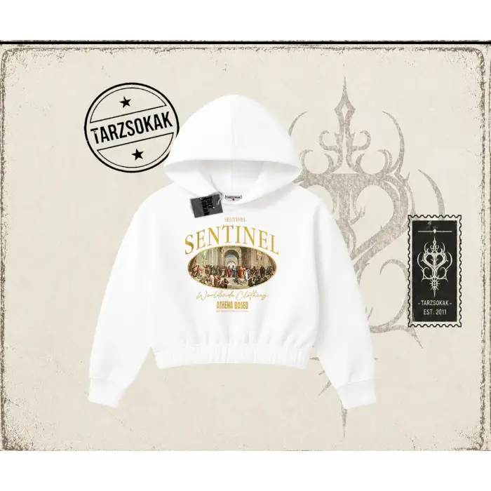 Unisex Sentinel Kadın Crop Kapşonlu Sweatshirt Beyaz