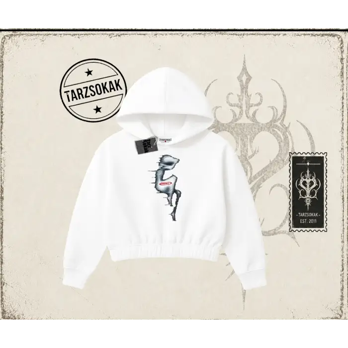 Unisex Shake Kadın Crop Kapşonlu Sweatshirt Beyaz