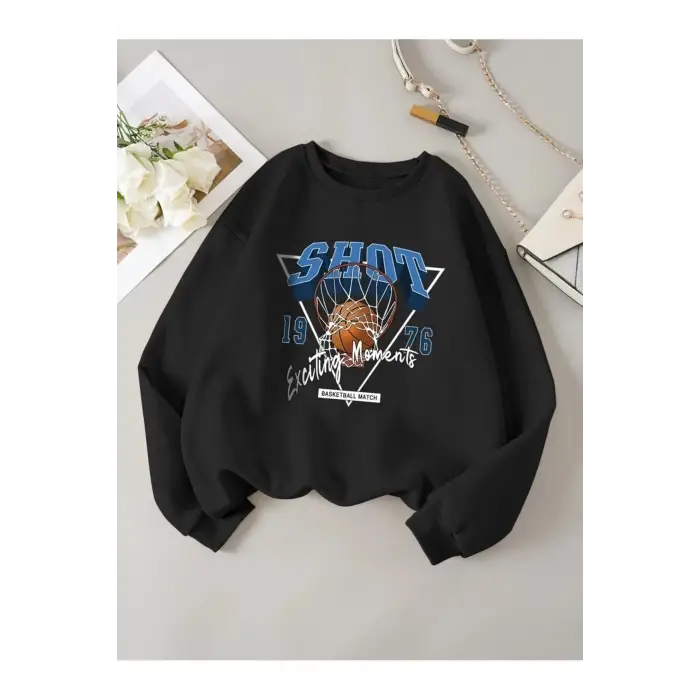 Unisex SHOT 1976 Baskılı Bisiklet Yaka Oversize Sweatshirt Siyah