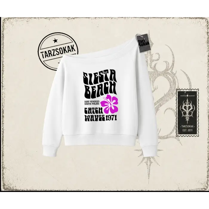 Unisex Siesta Beach Kadın Kayık Yaka Sweatshirt Beyaz