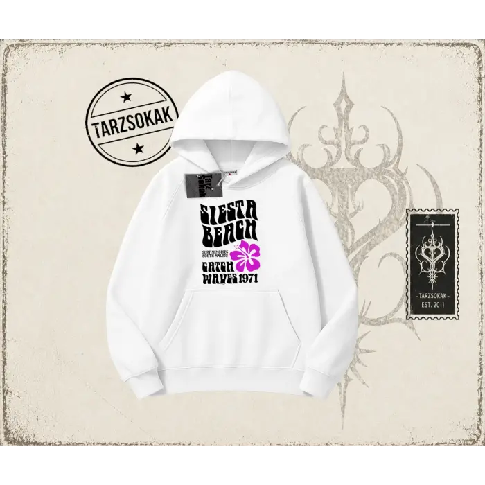 Unisex Siesta Beach Oversize Unisex Kapşonlu Sweatshirt Beyaz