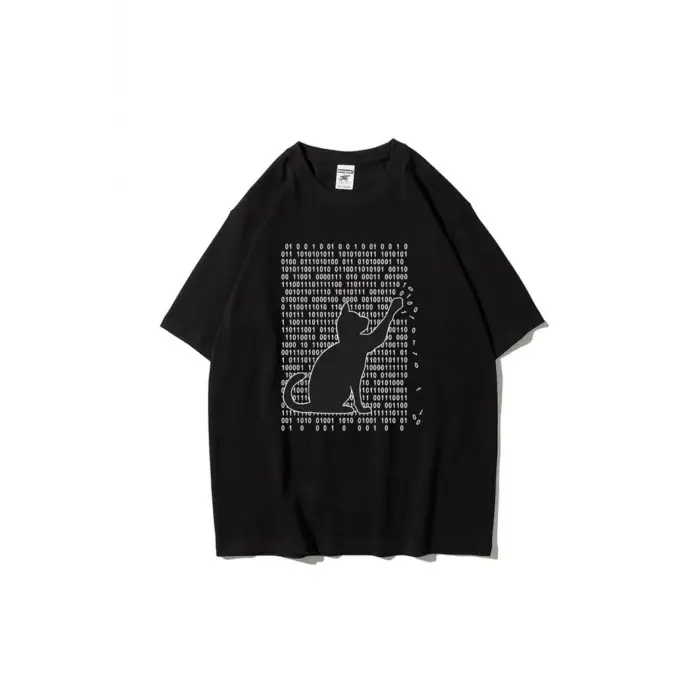 Unisex Siyah 01 Kedi Baskılı Oversize Bisiklet Yaka Tshirt