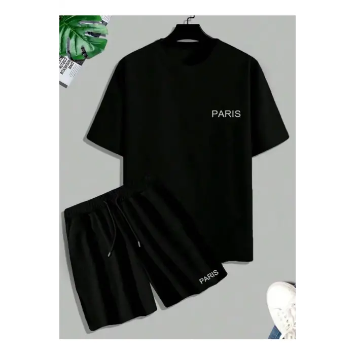 Unisex Siyah Alt-üst Tshirt Şort Kombini Paris Baskılı Takım