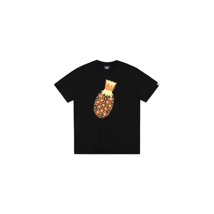 Unisex Siyah Ananas Baskılı Bisiklet Yaka Tshirt