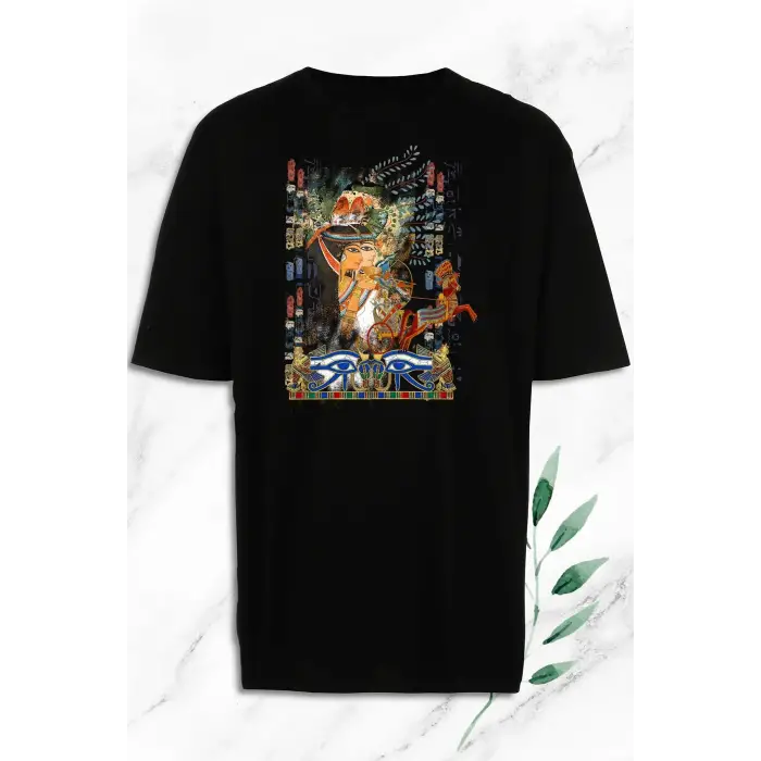 Unisex Siyah Antik Mısır Baskılı Oversize T-shirt