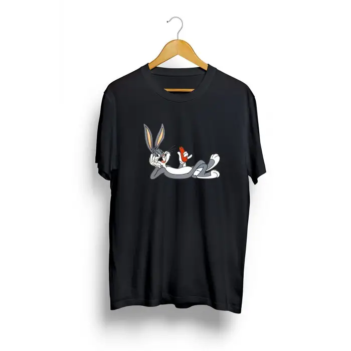 Unisex Siyah Bugs Bunny Baskılı Oversize T-shirt