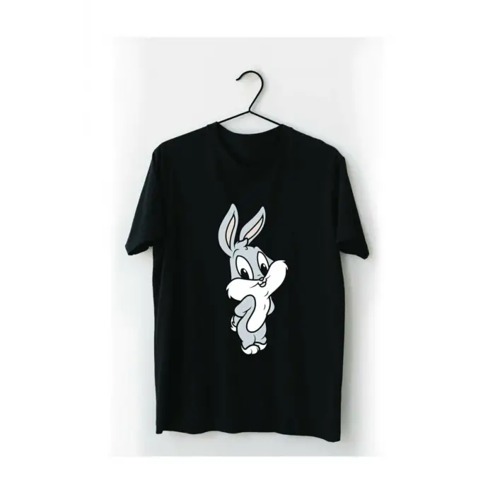 Unisex Siyah Bugs Bunny Baskılı T-shirt