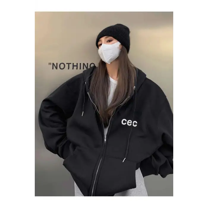 Unisex Siyah CEC Baskılı Oversize Kapüşonlu Hırka