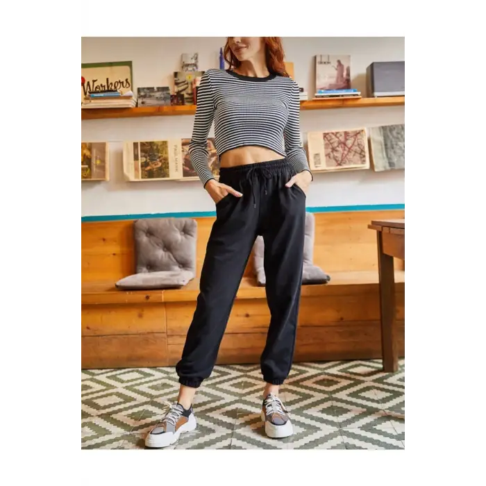 Unisex Siyah Cepli Beli Bağcıklı Basic Eşofman Altı Jogger