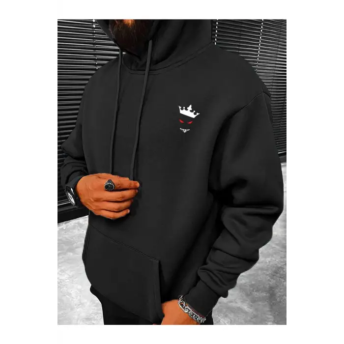Unisex Siyah Devil Baskılı Kapüşonlu Sweatshirt