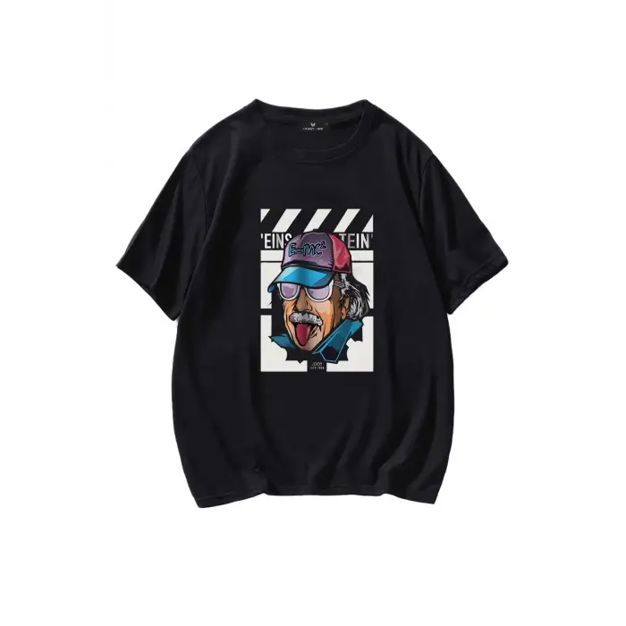 Unisex Siyah Einstein Baskılı Oversize Tişört