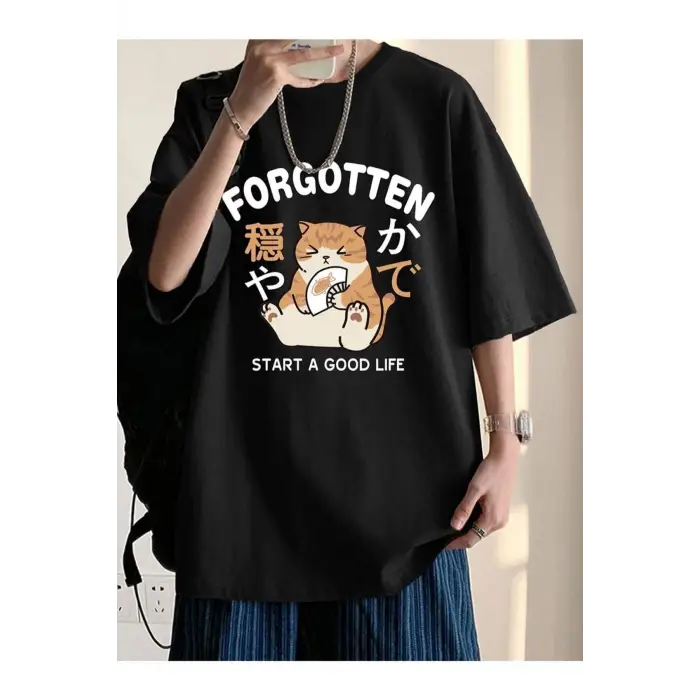 Unisex Siyah Forgotten Oversize Bisiklet Yakak Tshirt